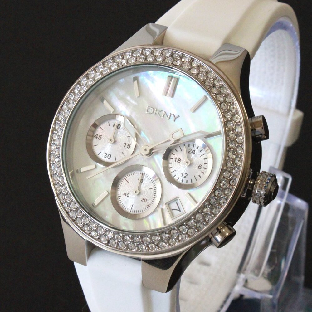 DNKY Women's Chronograph Crystal Bezel Mother Of Pearl Dial Silicone Strap 38mm